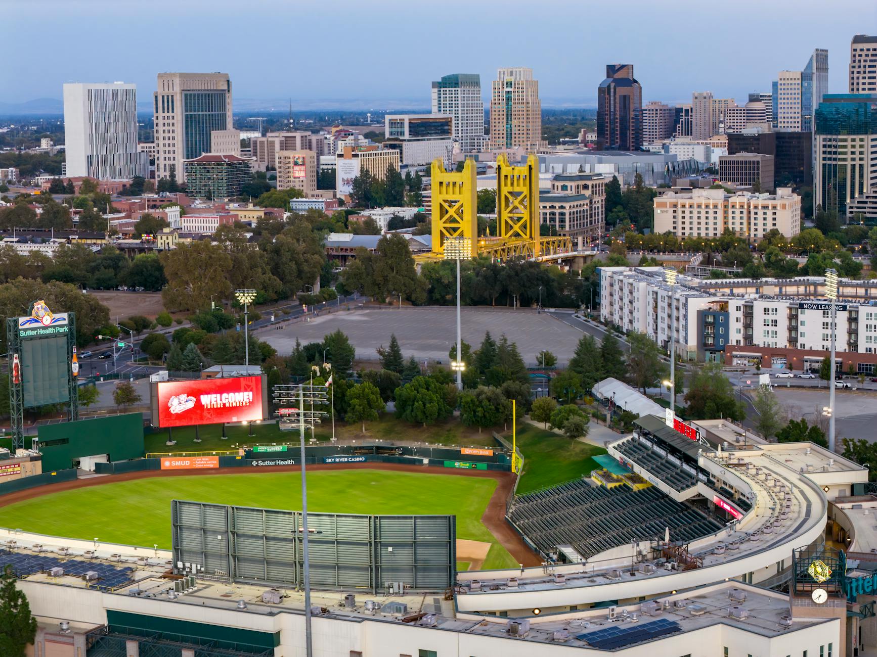aerial view of sacramento with tower bridge and sutter health park