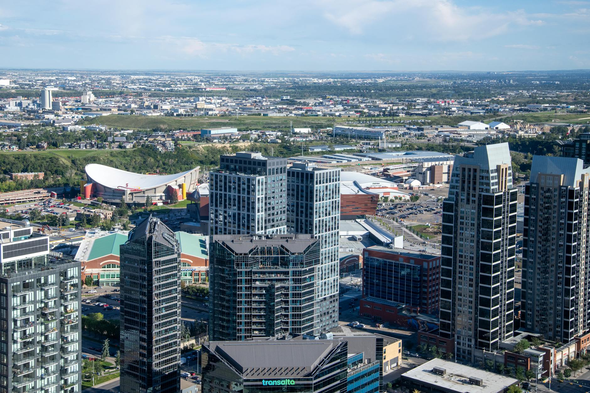 aerial view of calgary cityscape with skyscrapers