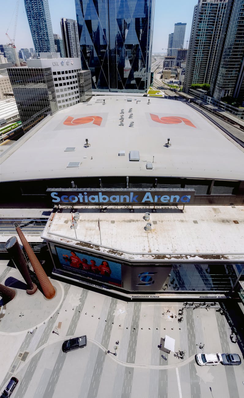 an aerial photo of a stadium