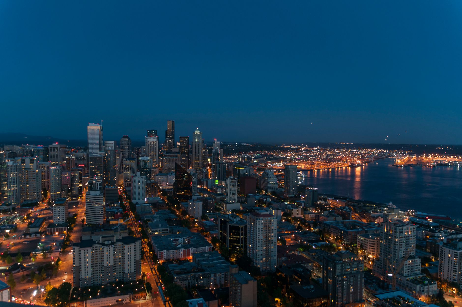 stunning aerial cityscape of seattle at twilight
