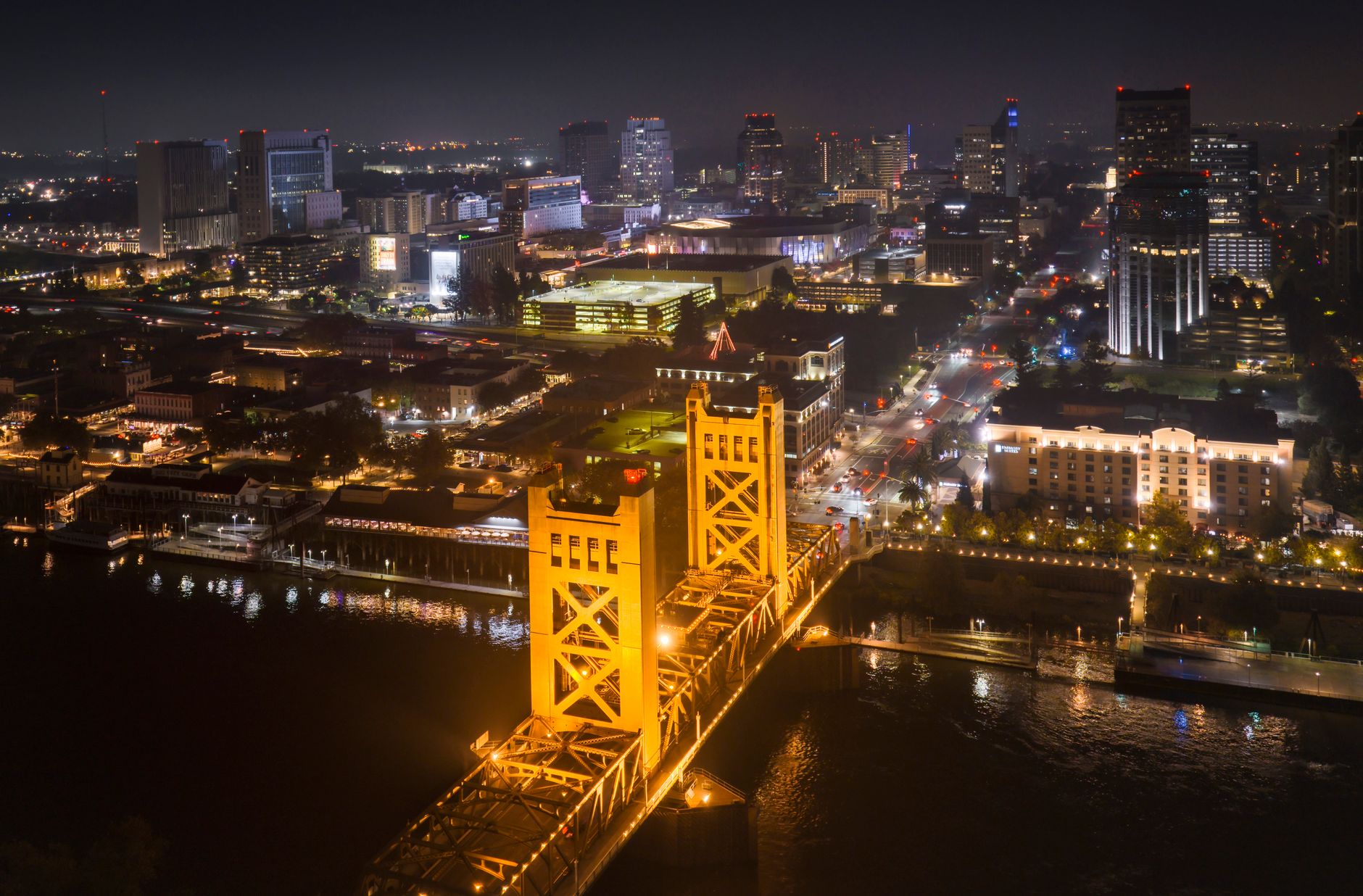 sacramento cityscape with tower bridge at night
