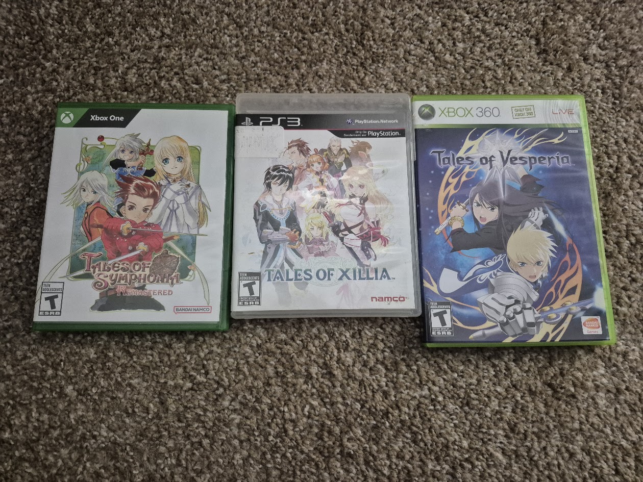 Copies of Tales of Symphonia Remastered for Xbox One, Tales of Xilia for PlayStation 3 and Tales of Vesperia for Xbox 360.