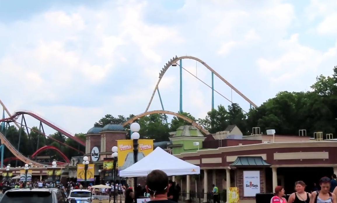 Off-ride footage of Goliath at Six Flags Over Georgia, prior to its teal painting. Credit: Airtime Thrills