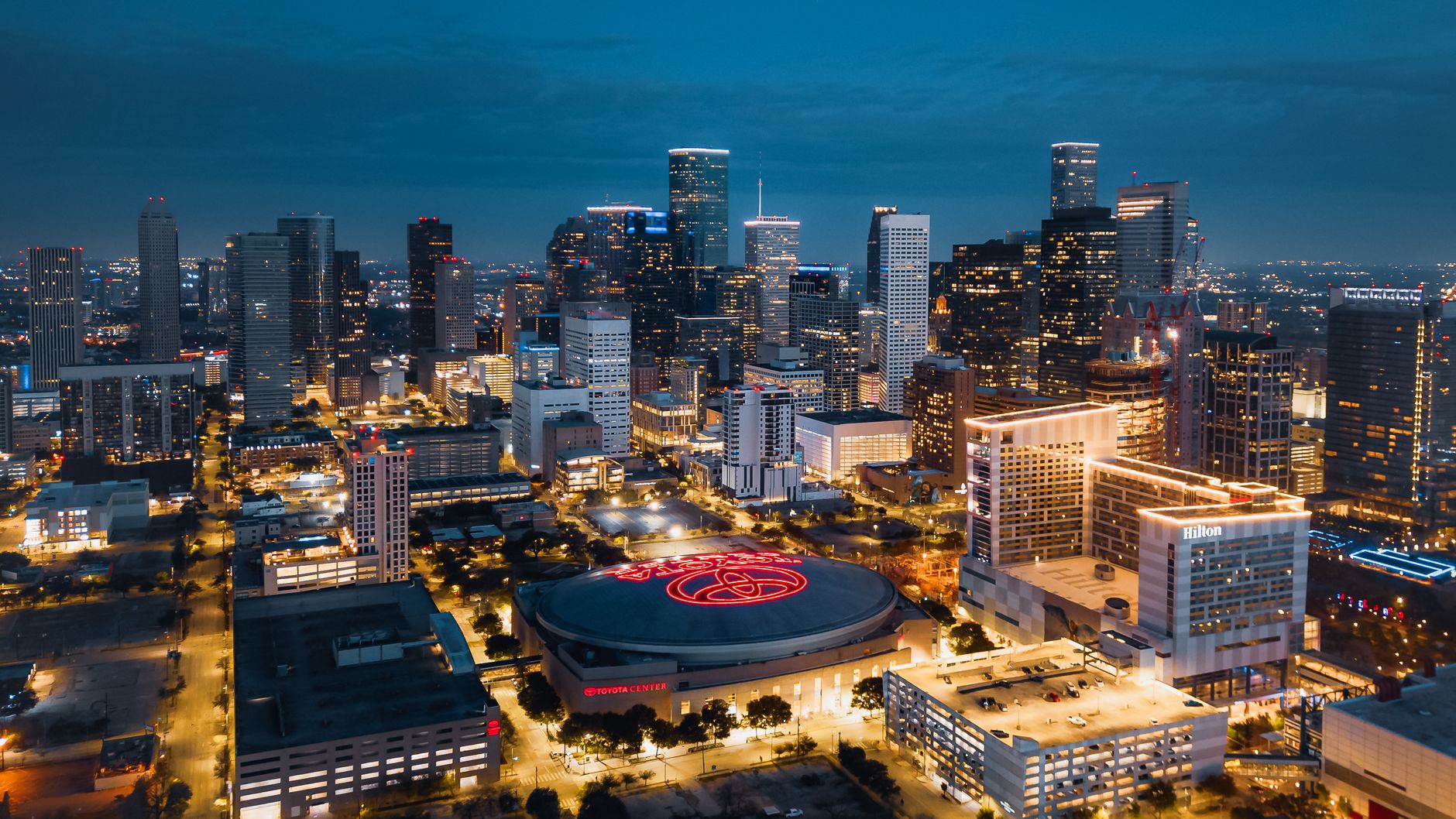 aerial view of downtown houston texas at night